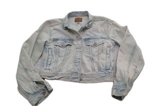 American Eagle Women’s Distressed Denim Jacket Light Wash Cropped Size S Small